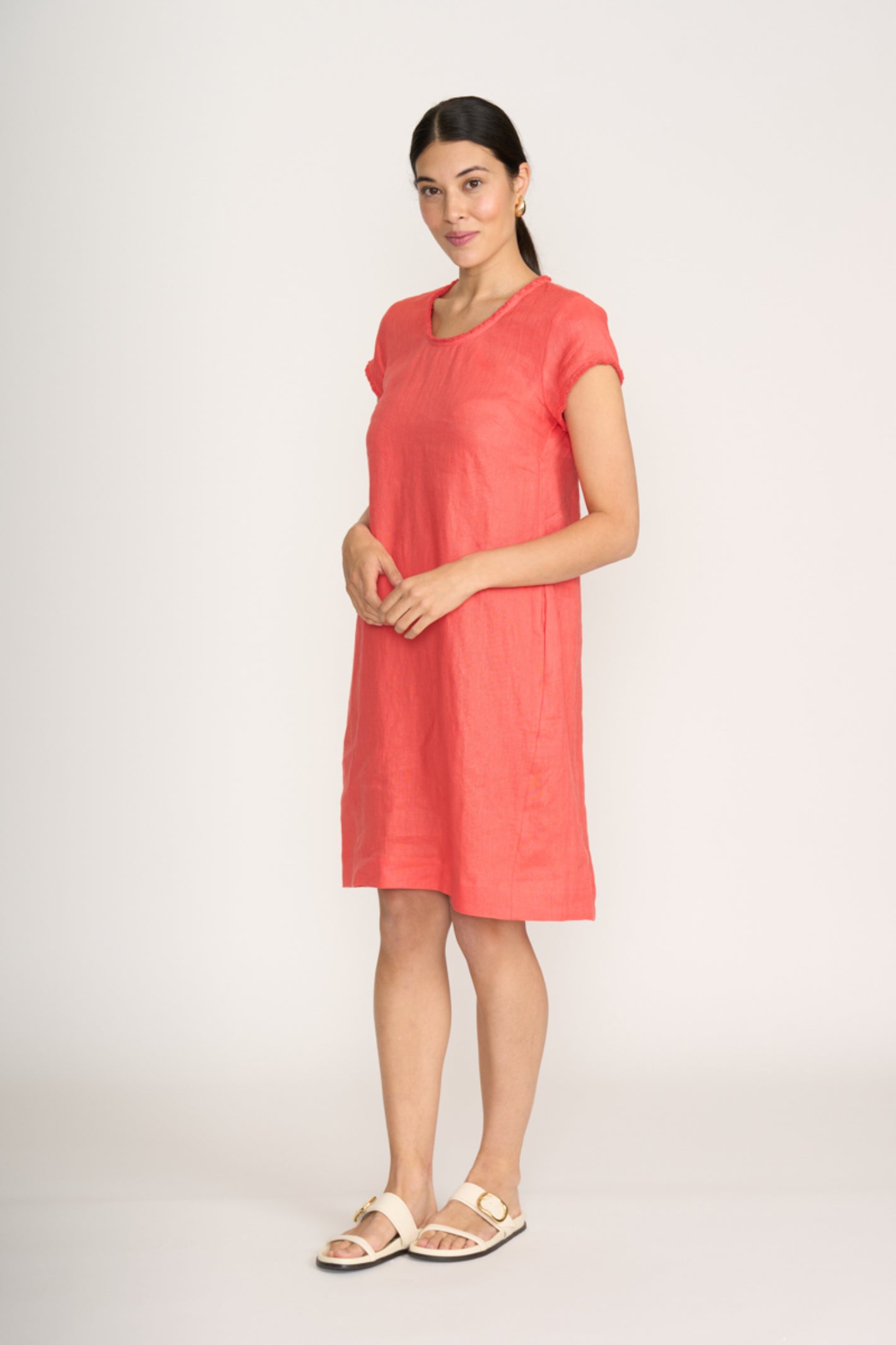 Foil Fo8314 Festival Dress Melon worn by model with relaxed fit by Foil Shop the Foil collection at Dotique