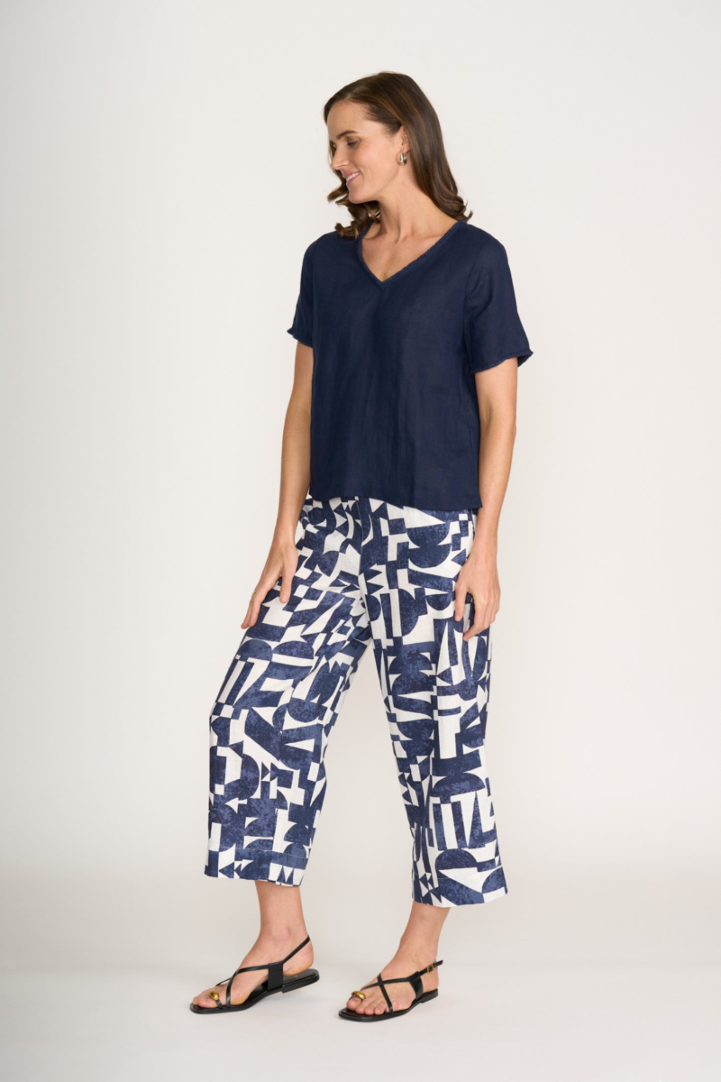 Foil Fo8315 V Benefits Top Eclipse by Foil modeled with patterned pants shop Foil at Dotique for stylish comfort