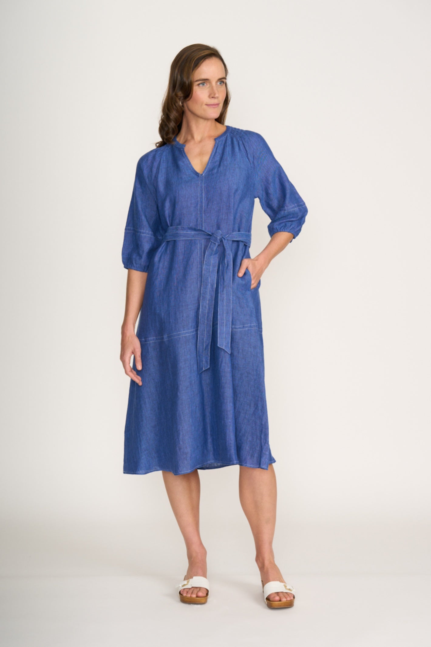 Woman wearing Foil Fo8319 Shout About Dress Capri in blue with waist tie, shop the Foil collection at Dotique online.