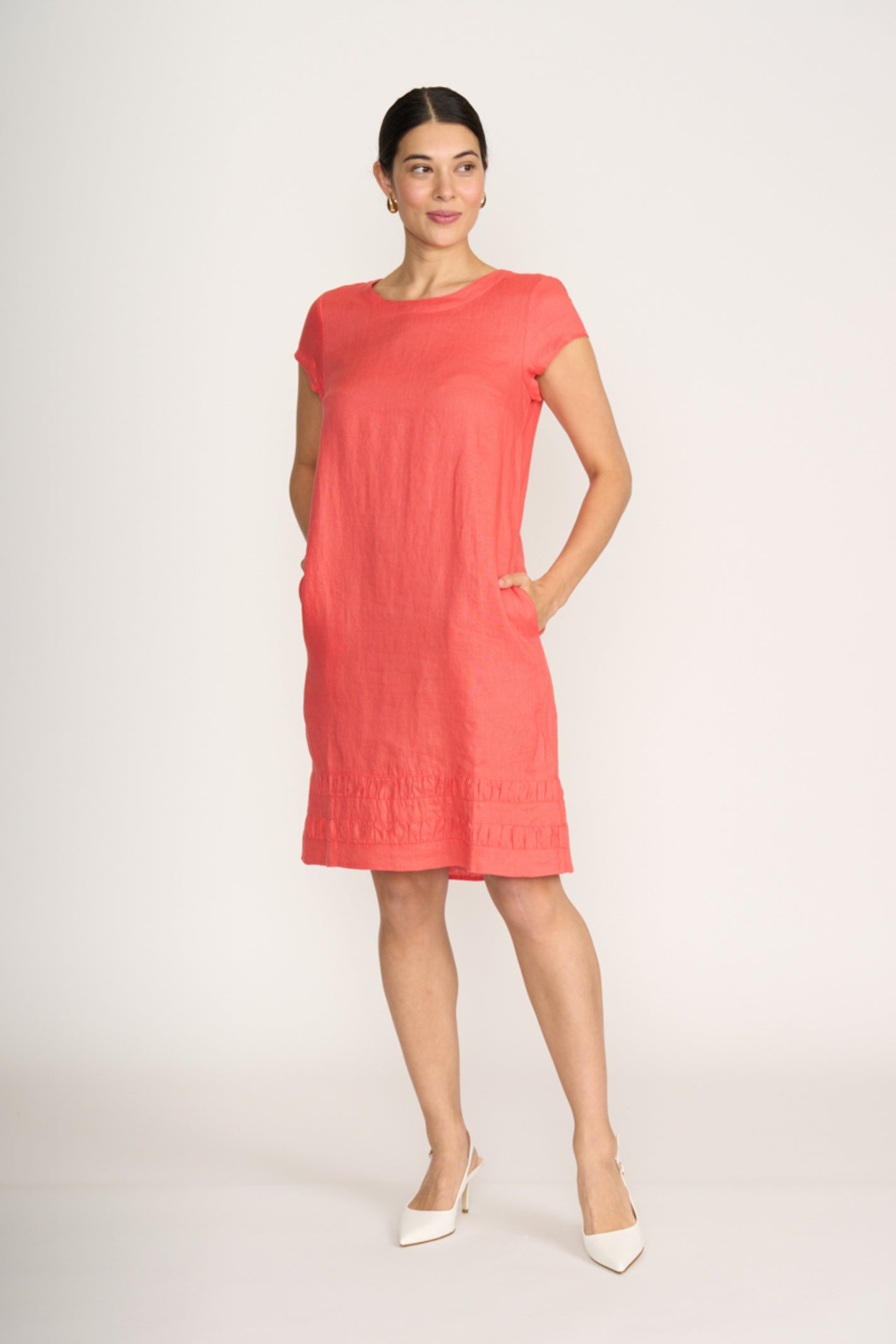 Model wearing Foil Fo8320 Crowd Pleaser Dress Melon with relaxed fit by Foil Shop the vendor at Dotique