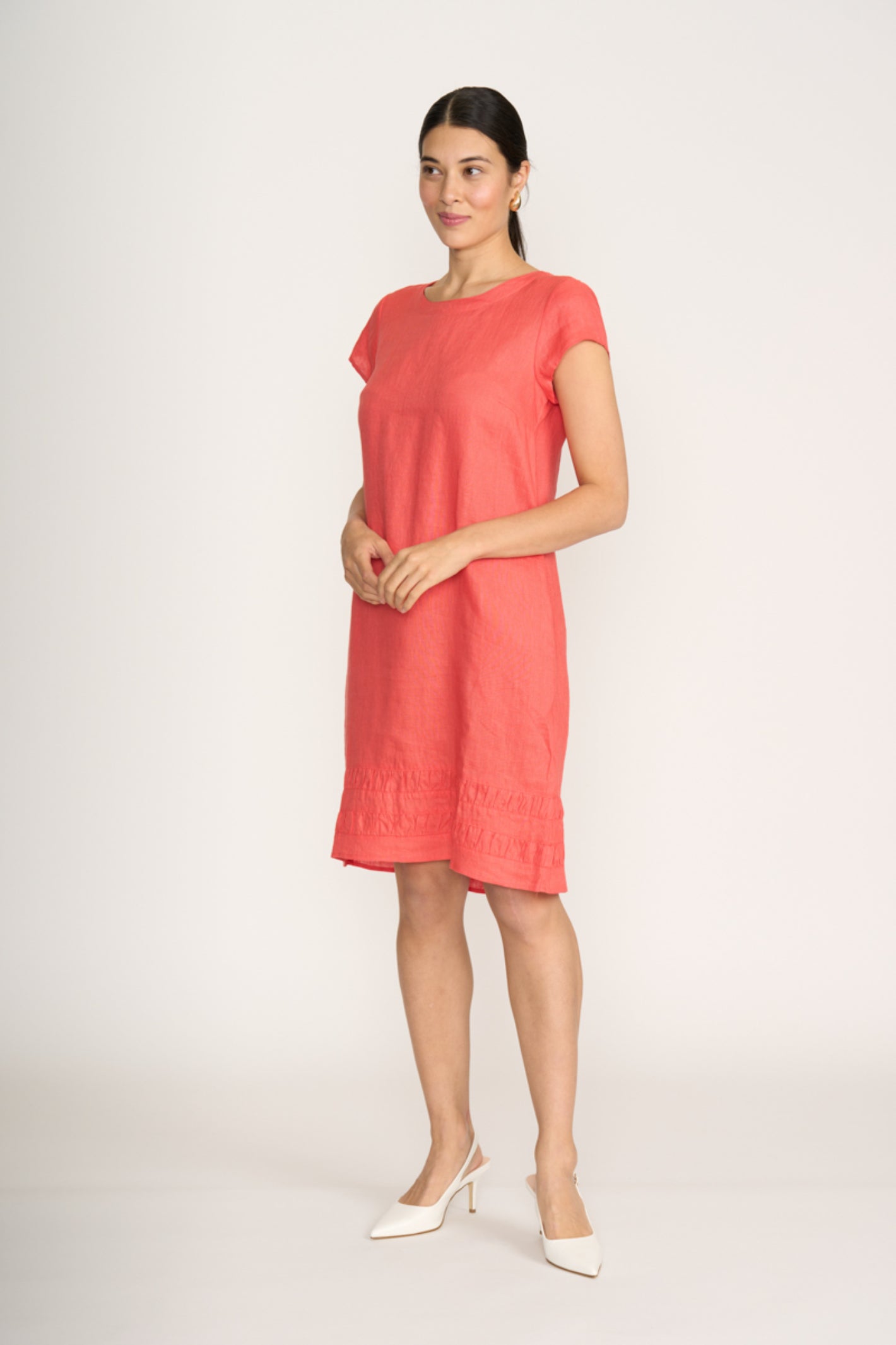 Model wearing Foil Fo8320 Crowd Pleaser Dress Melon by Foil Shop the vendor at Dotique in relaxed fit style