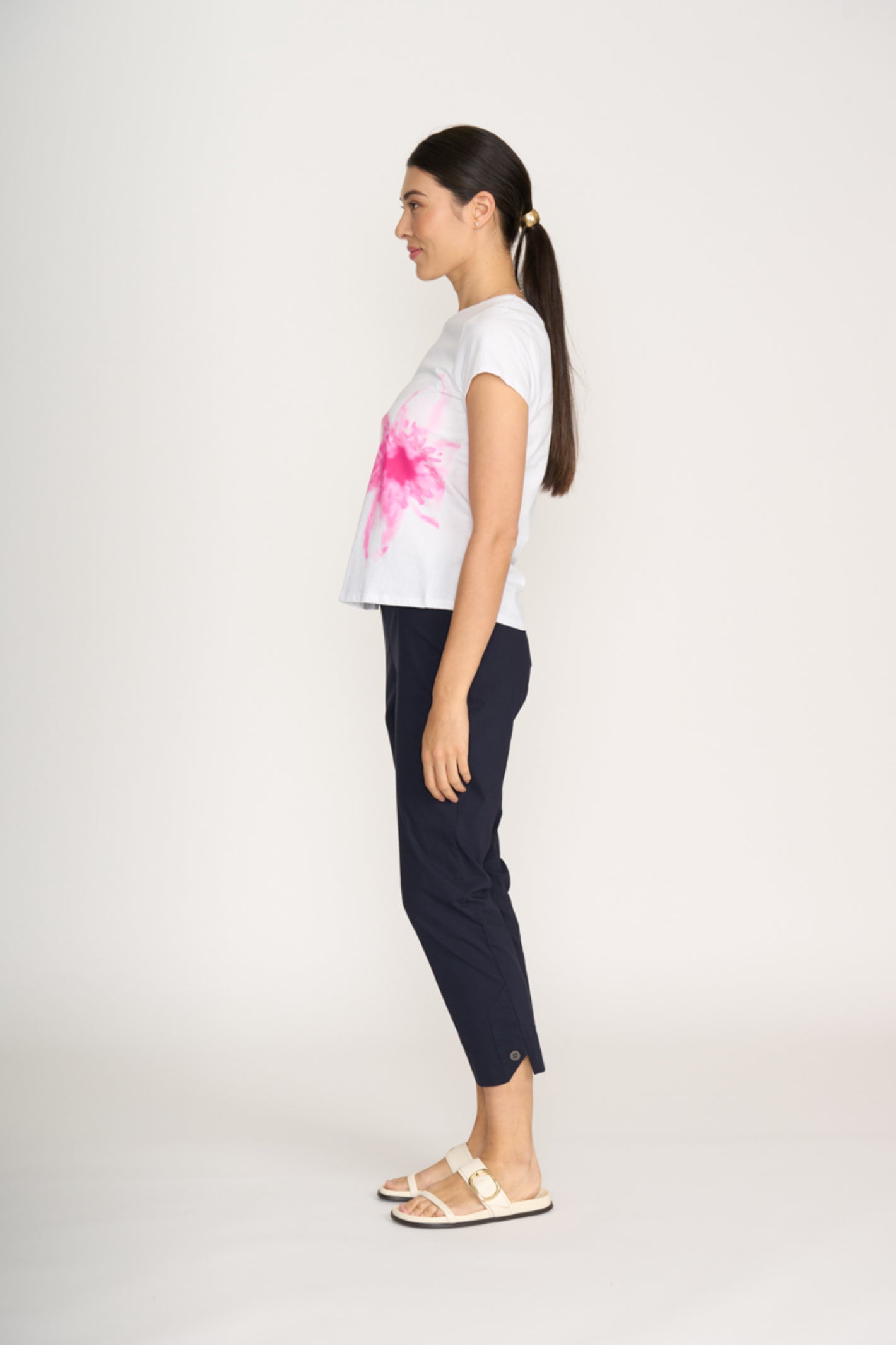 Woman wearing Foil Fo8269 Finish Line Pant True Navy by Foil, shop Foil at Dotique for stylish tapered pants.