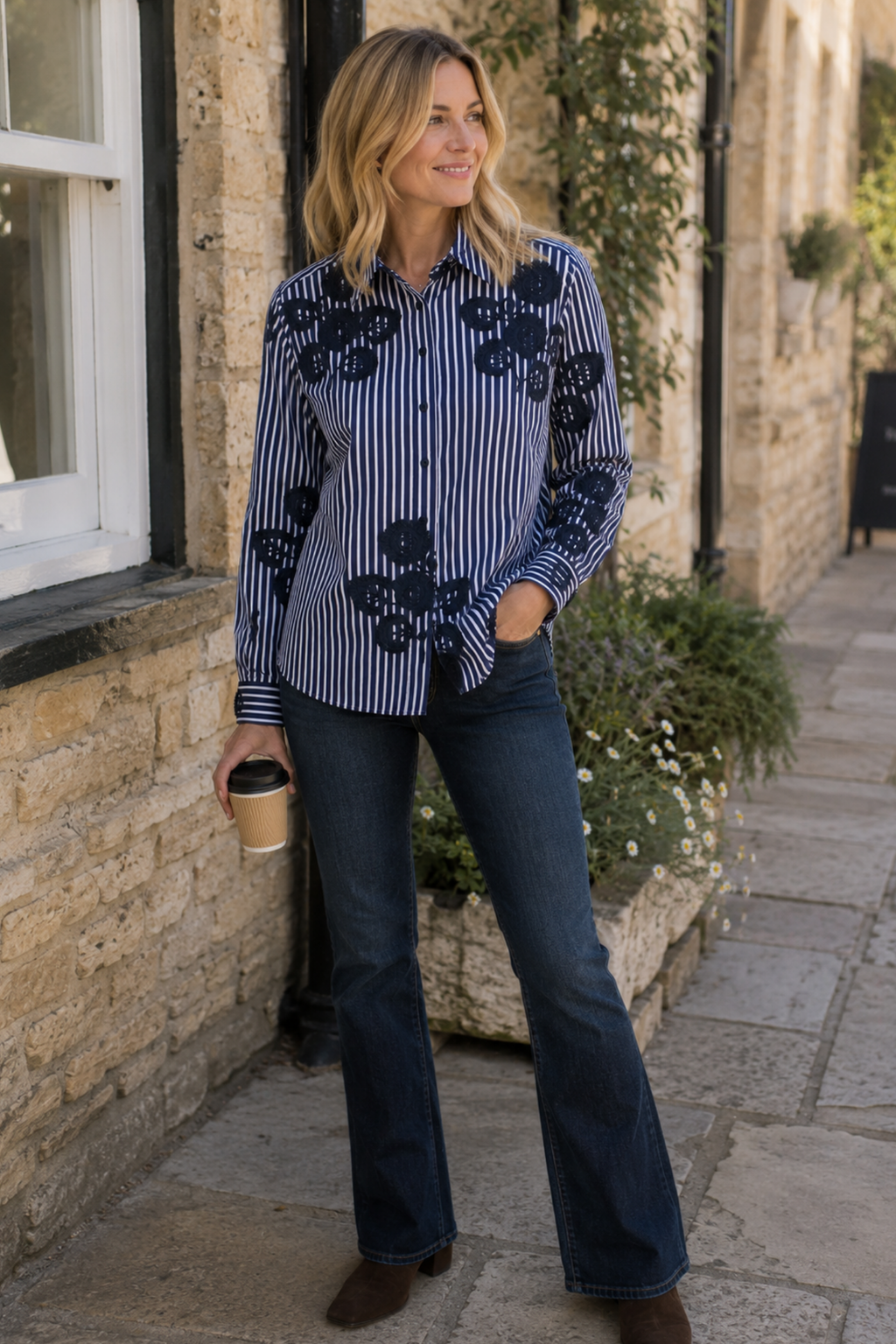 Milano 63-4901-3557 Navy Stripe Floral Appliqué Shirt Blouse