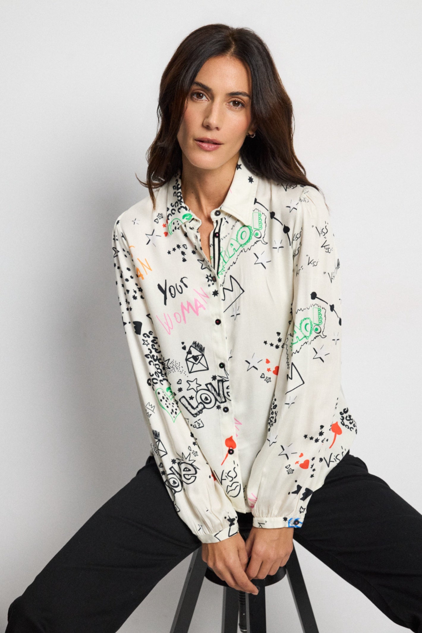 Shop the Tinta 4004468 Ilisa Women's Shirt in Natural at Dotique. A relaxed-fit printed shirt with playful graphic artwork, a classic collar and lightweight fabric for effortless everyday styling.