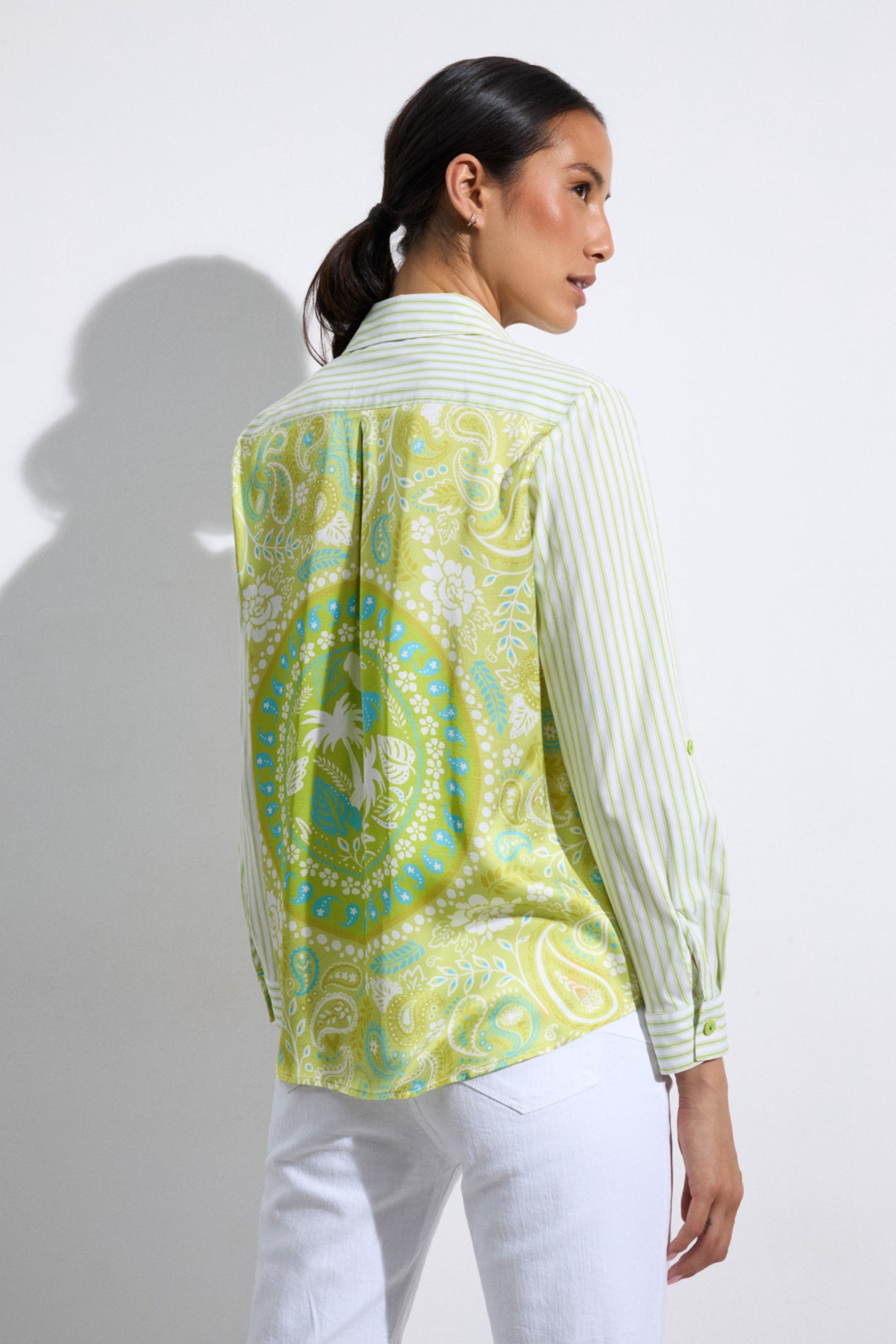 Model showcasing Tinta 39372107 Jane Lime Shirt with paisley and stripe pattern by tinta, shop tinta at Dotique