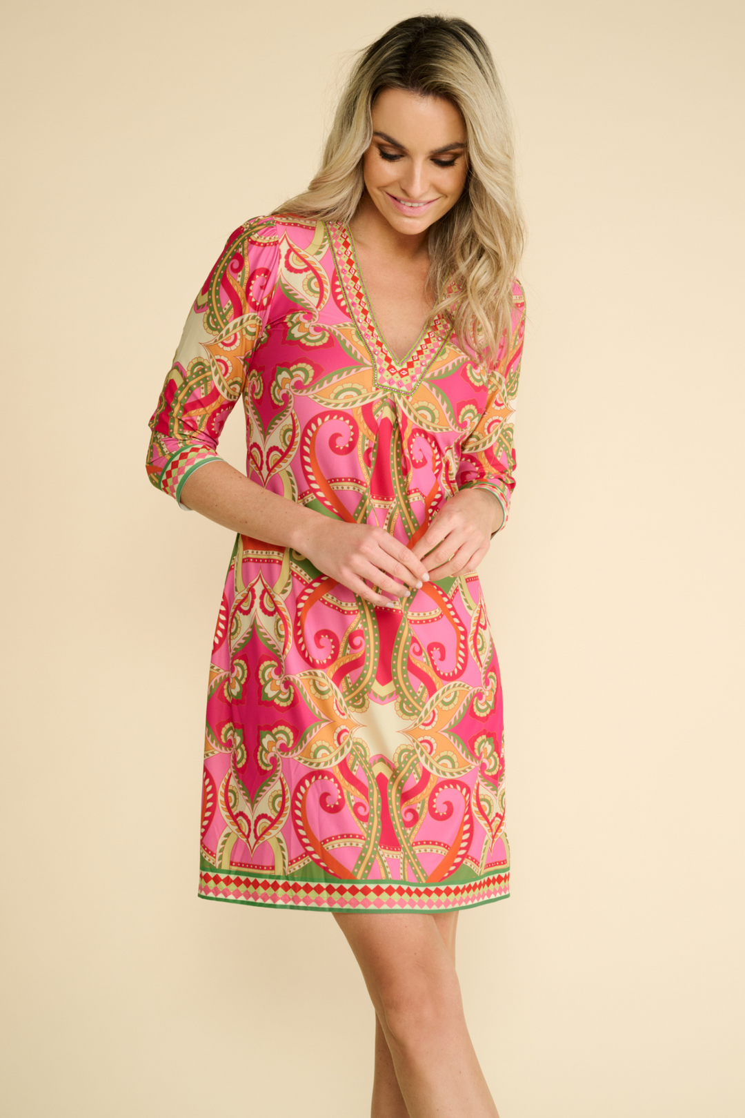 K Design A400 P961 Pink V Neck Dress with Design