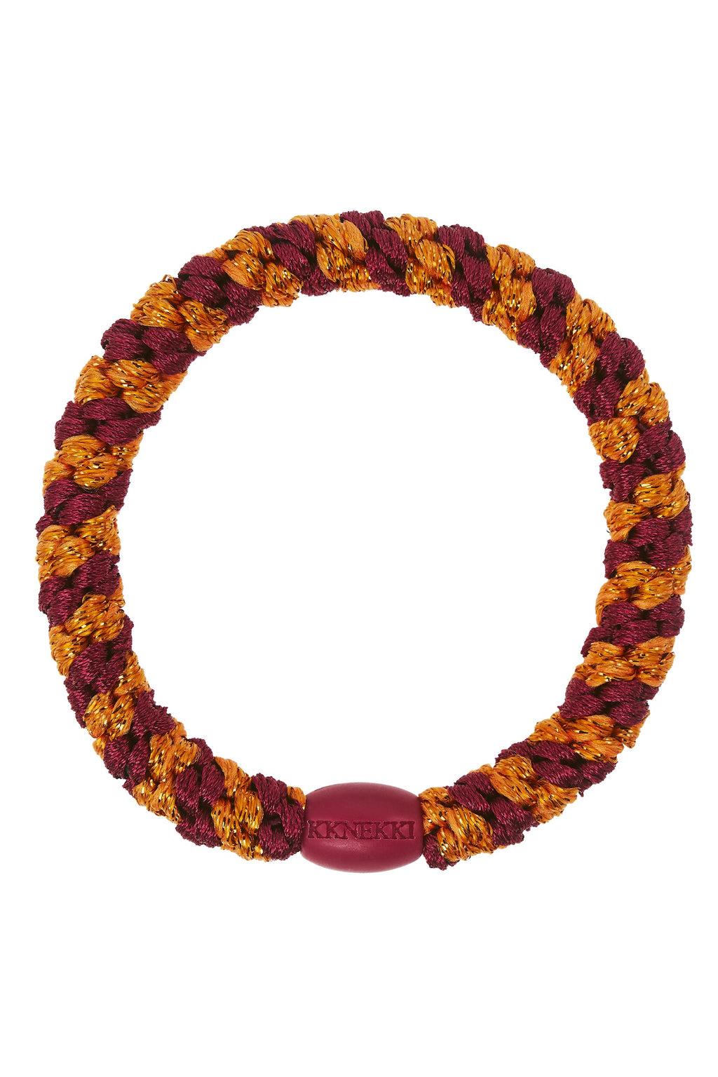 KKNEKKI Bordeaux orange glitter Stripe elastic hair tie featuring twisted burgundy and orange tones with glitter accents by KKNEKKI. Shop KKNEKKI at Dotique.