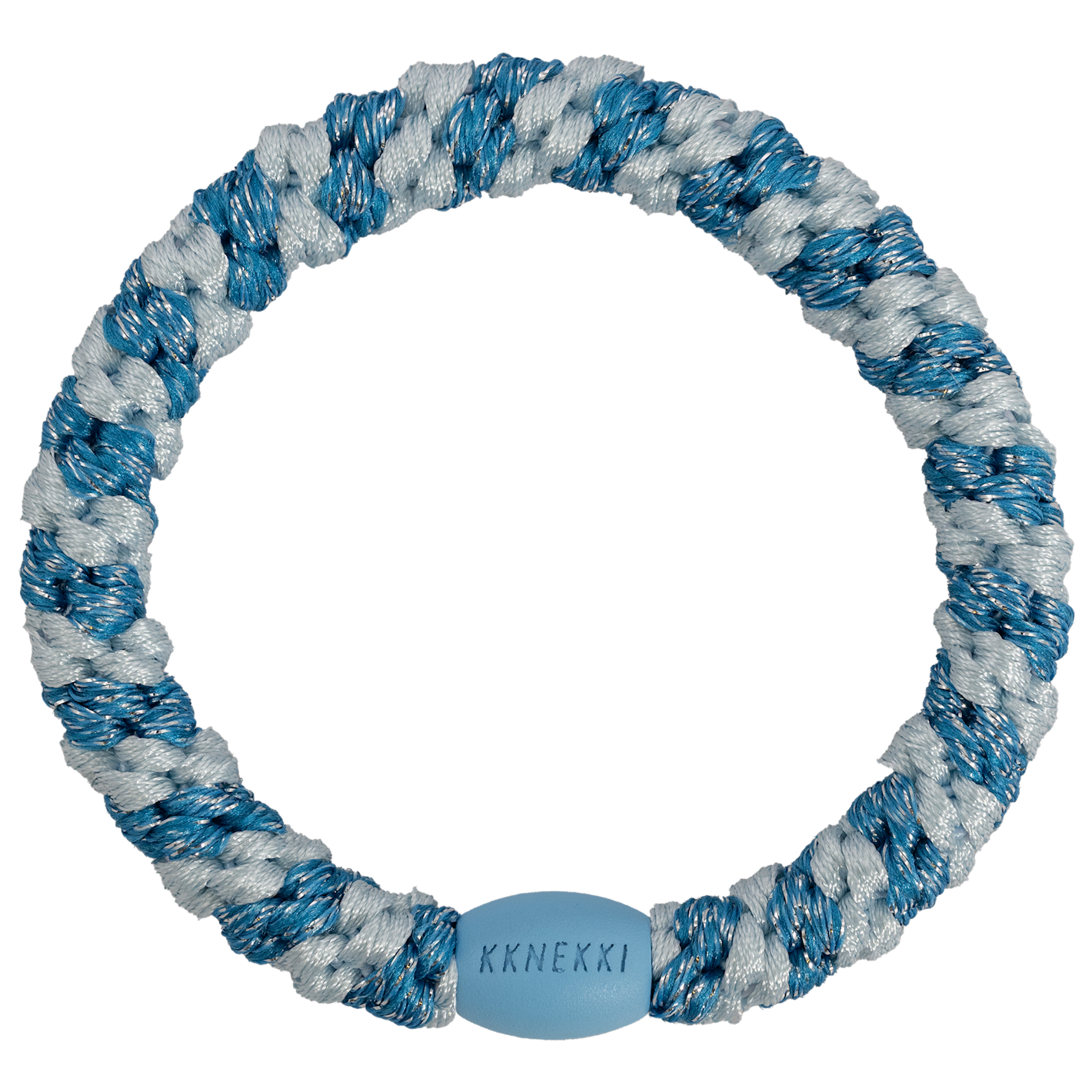 KKNEKKI Stripe Baby Blue Glitter hair tie by KKNEKKI with blue and white stripes, shop KKNEKKI at Dotique