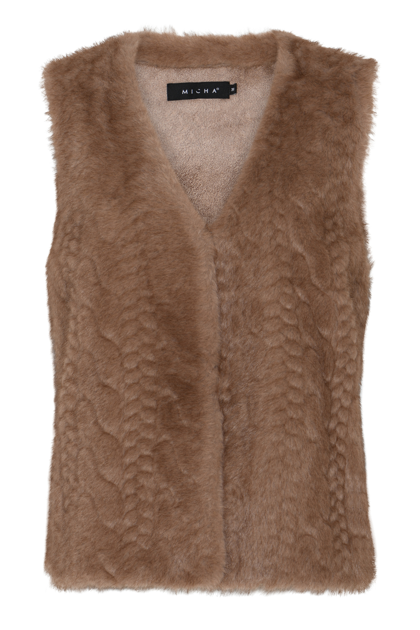 Shop the MICHA Brown Faux Fur Gilet at Dotique. A soft, textured sleeveless layer in a warm brown, perfect worn over knitwear, shirts and dresses.