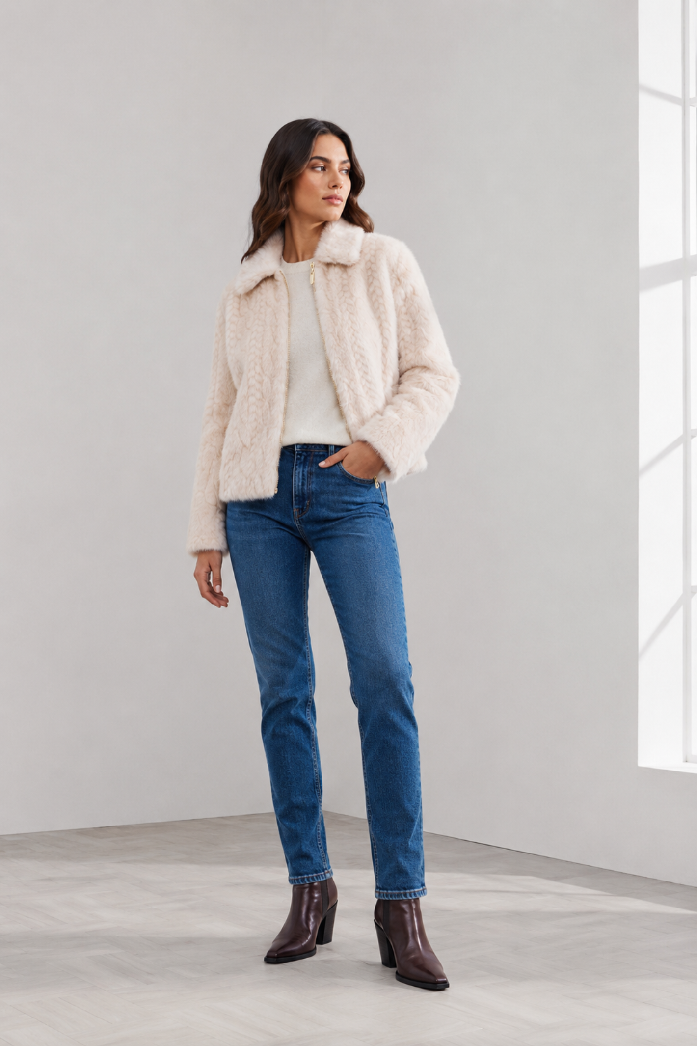 Shop the MICHA Cream Faux Fur Collared Jacket at Dotique. A soft textured women's jacket with classic collar, short silhouette and gold-tone zip.