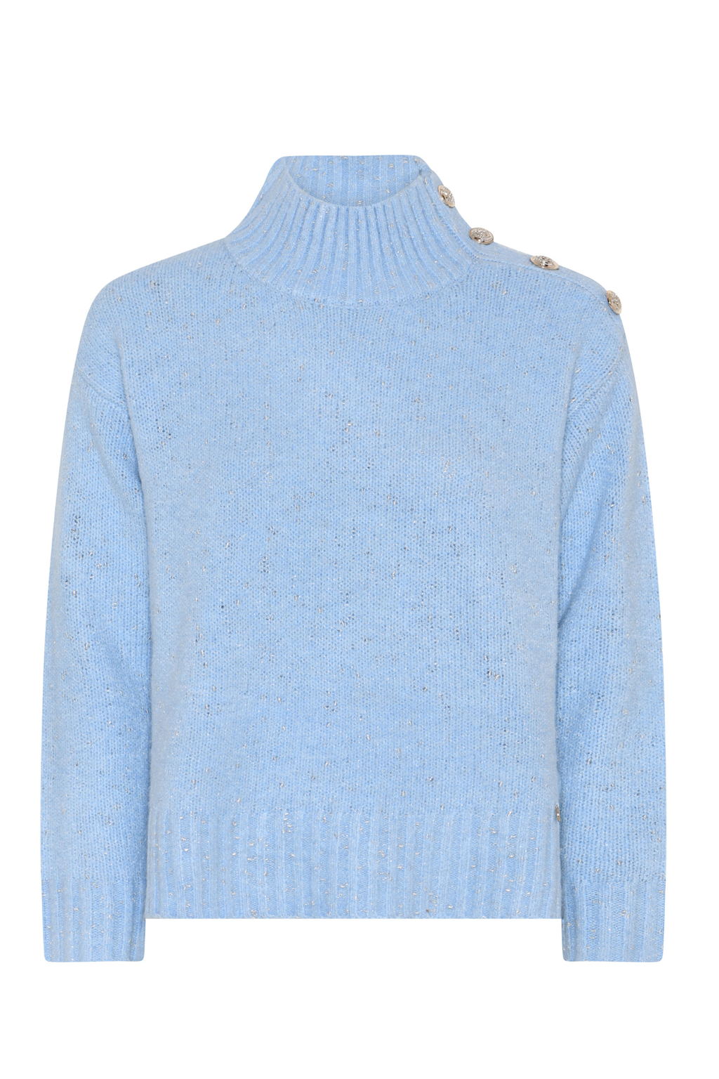 Shop the MICHA Pale Blue High Neck Jumper at Dotique. A soft blue women's knit with ribbed neckline, subtle flecked detail and statement shoulder buttons.
