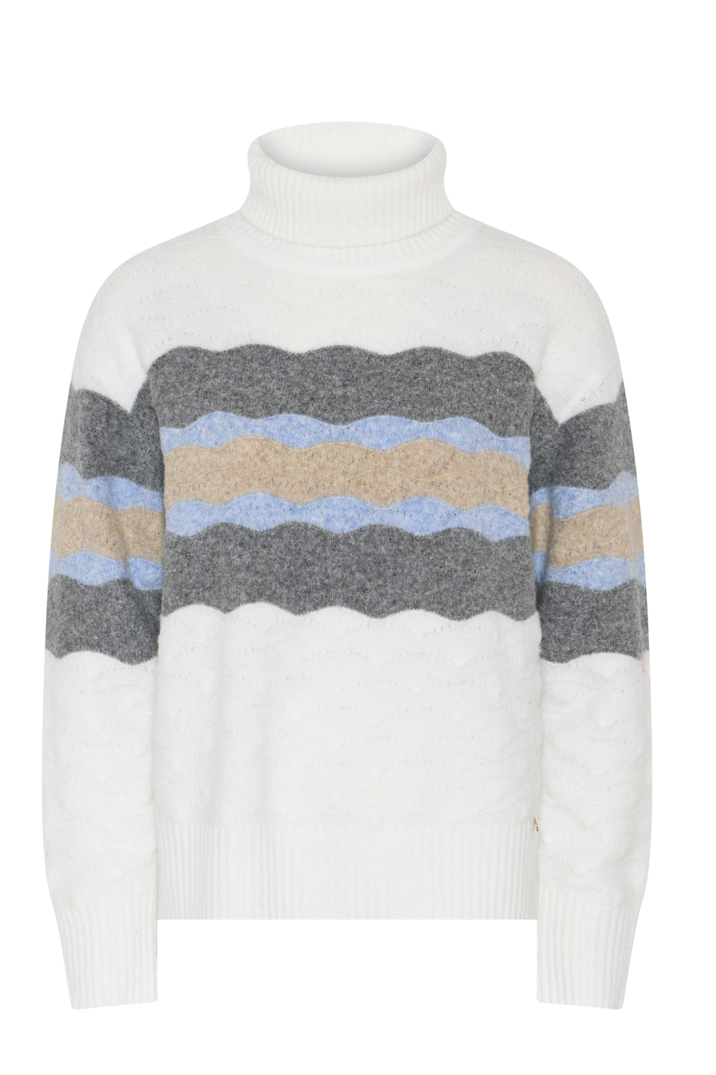 Shop the MICHA Cream Striped Roll Neck Jumper at Dotique. A cosy women's knit featuring wavy charcoal, pale blue and camel stripes on a soft cream base.