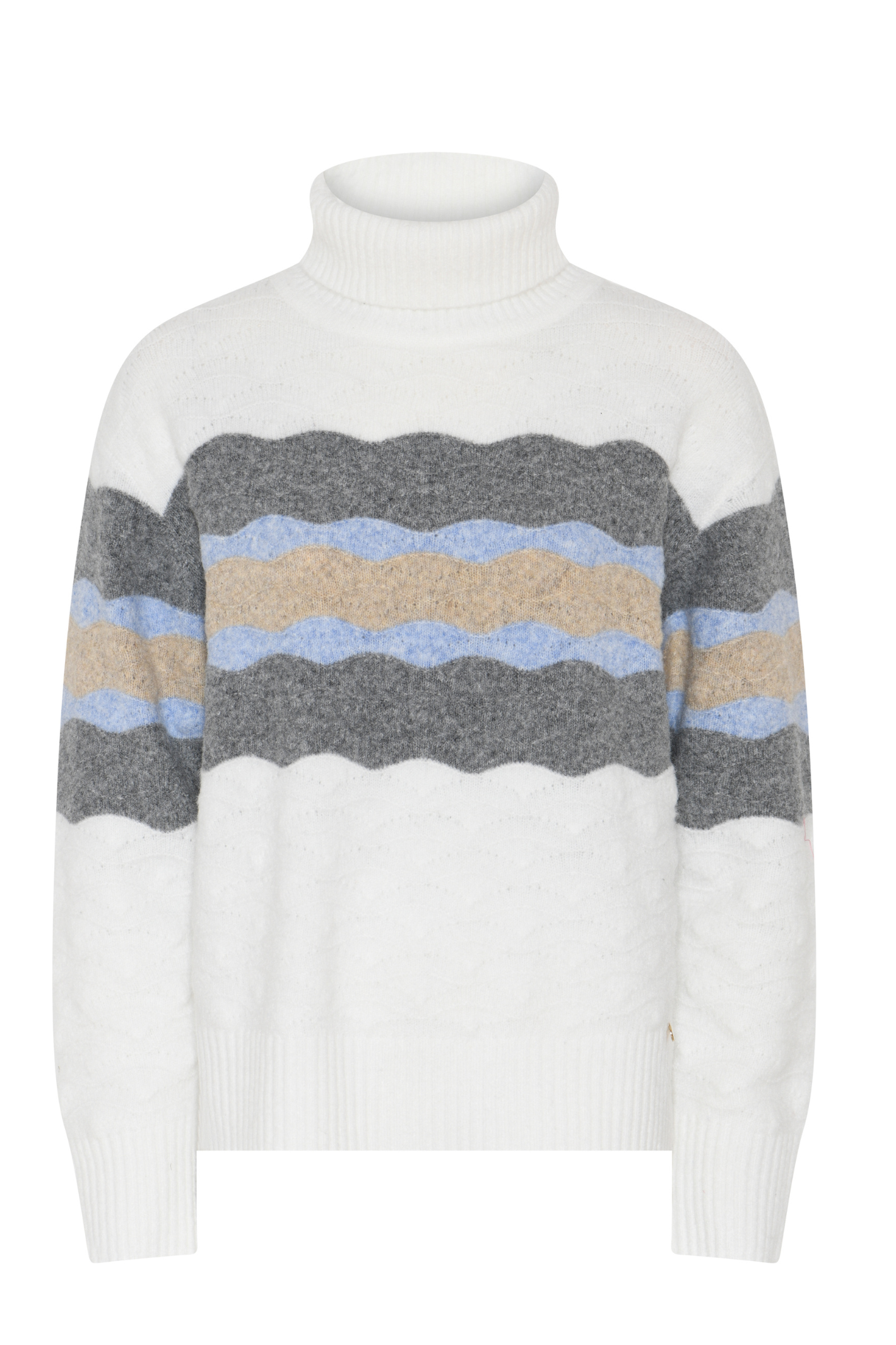 Shop the MICHA Cream Striped Roll Neck Jumper at Dotique. A cosy women's knit featuring wavy charcoal, pale blue and camel stripes on a soft cream base.