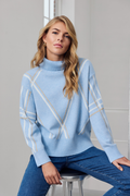 Shop the MICHA Pale Blue Roll Neck Jumper at Dotique. A soft women's knit with a roll neck and cream and camel linear pattern, perfect paired with denim.