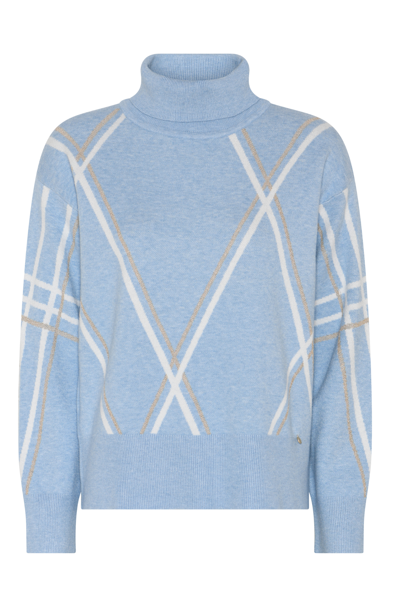 Shop the MICHA Pale Blue Roll Neck Jumper at Dotique. A soft women's knit with a roll neck and cream and camel linear pattern, perfect paired with denim.