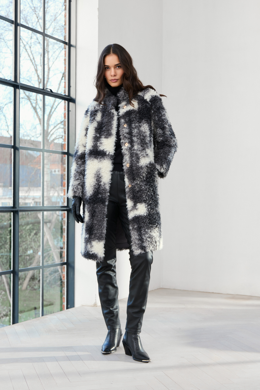 Shop the MICHA Black, Grey & Cream Faux Fur Long Coat at Dotique. A striking textured winter coat with an abstract monochrome design and longer length.