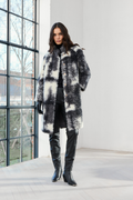Shop the MICHA Black, Grey & Cream Faux Fur Long Coat at Dotique. A striking textured winter coat with an abstract monochrome design and longer length.