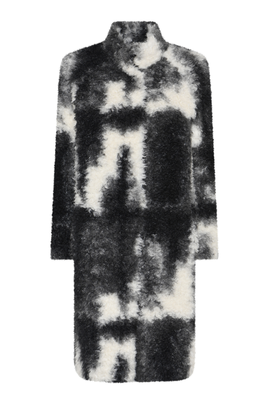 Shop the MICHA Black, Grey & Cream Faux Fur Long Coat at Dotique. A striking textured winter coat with an abstract monochrome design and longer length.