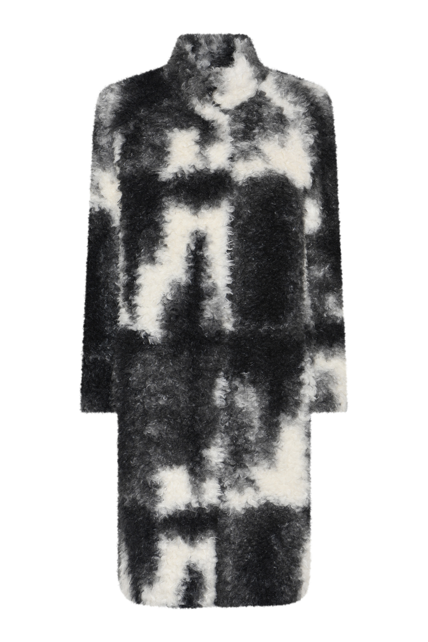 Shop the MICHA Black, Grey & Cream Faux Fur Long Coat at Dotique. A striking textured winter coat with an abstract monochrome design and longer length.