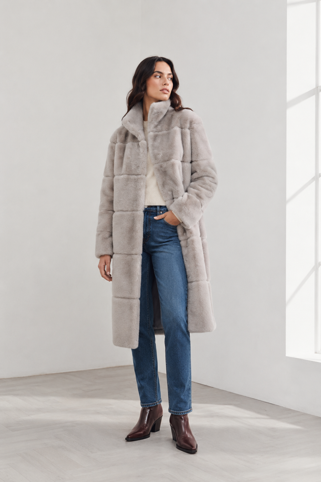 Shop the MICHA Long Faux Fur Coat at Dotique. A beautifully soft neutral winter coat with a high collar and elegant longline silhouette.