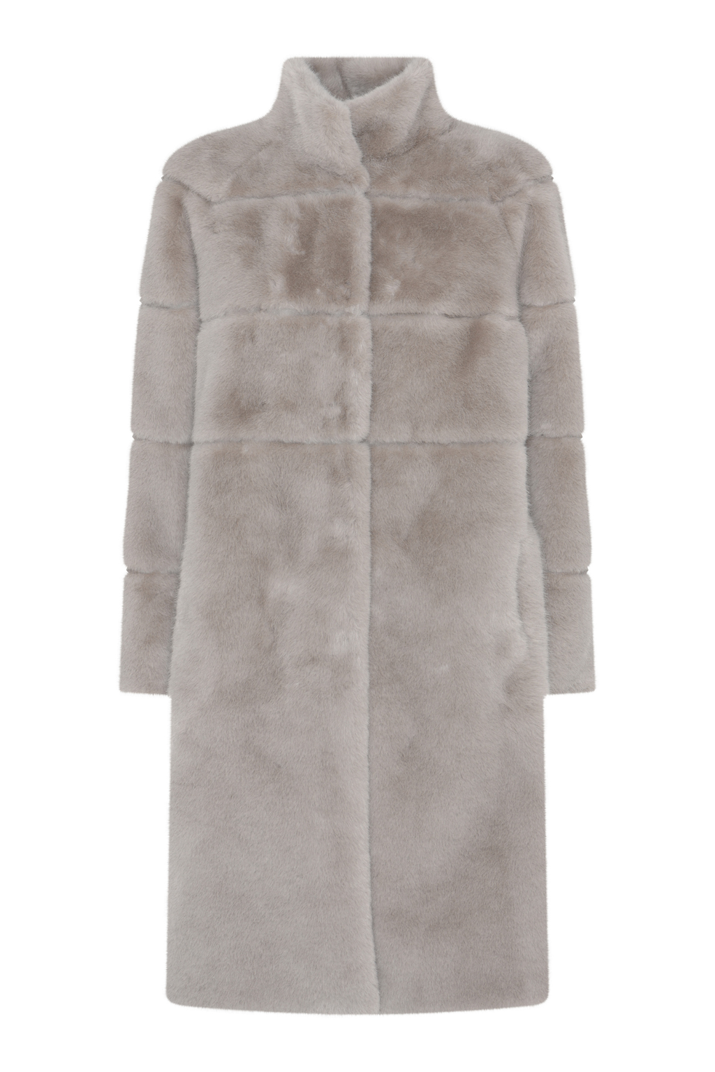 Shop the MICHA Long Faux Fur Coat at Dotique. A beautifully soft neutral winter coat with a high collar and elegant longline silhouette.