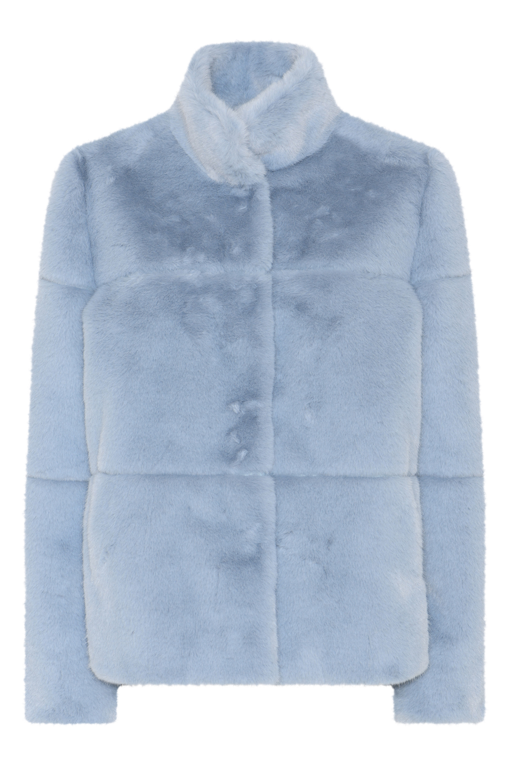 Shop the MICHA Pale Blue Faux Fur Jacket at Dotique. A beautifully soft short winter jacket in pale blue with a cosy high collar and panelled finish.