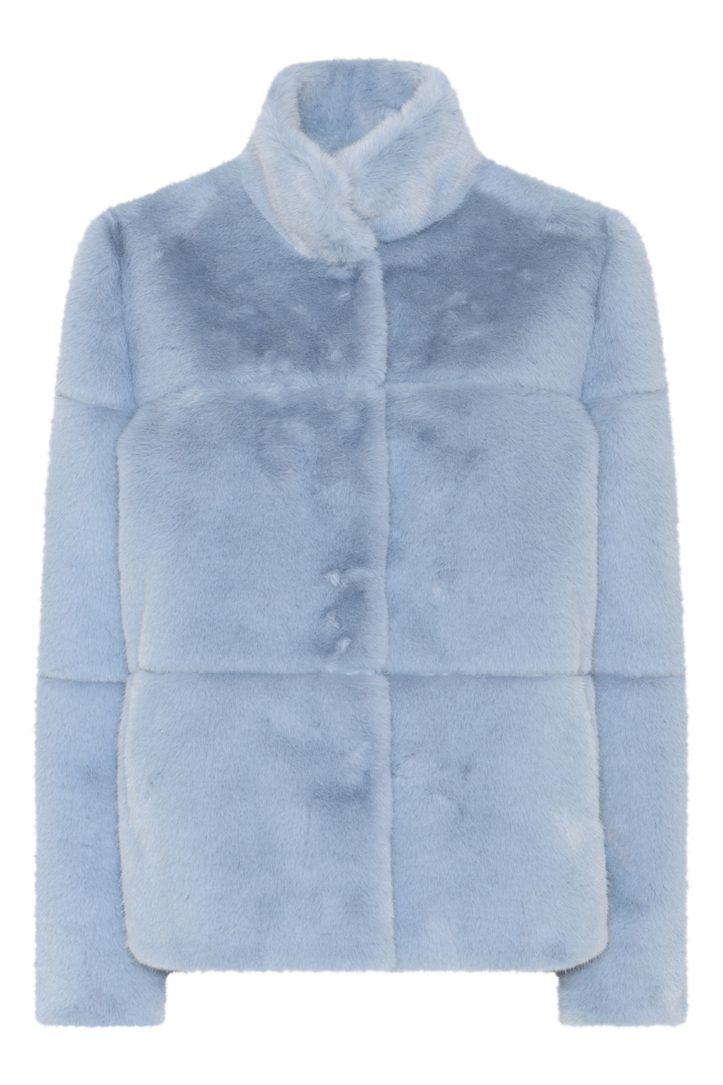 Shop the MICHA Pale Blue Faux Fur Jacket at Dotique. A beautifully soft short winter jacket in pale blue with a cosy high collar and panelled finish.