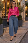 Milano 63-6976-3653 Fuchsia Satin Shirt Blouse on model MILANO Shop MILANO at Dotique