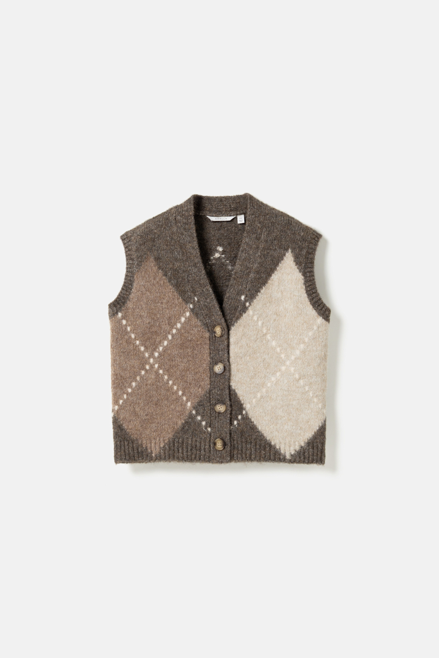 The Noella N-Laiana Knit Vest in Ash Brown Mix. Combining warm mocha, oatmeal, taupe and soft cream tones in a statement argyle design. Shop at Dotique.
