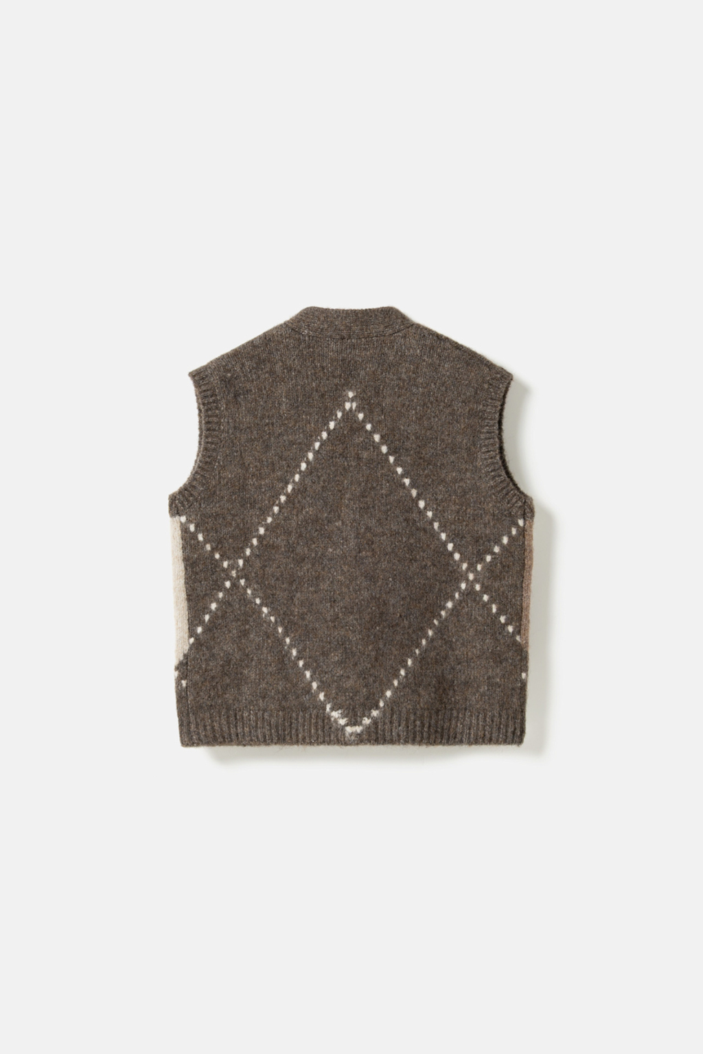 The Noella N-Laiana Knit Vest in Ash Brown Mix. Combining warm mocha, oatmeal, taupe and soft cream tones in a statement argyle design. Shop at Dotique.