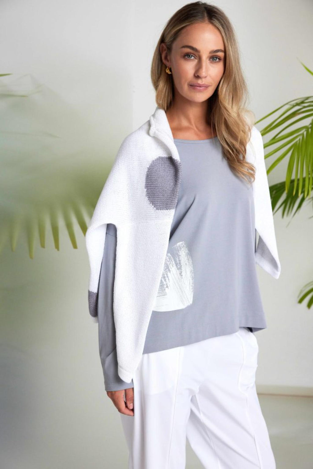 Model wearing Naya NAS26143 Dove Grey White Print Top by Naya, shop Naya collections at Dotique for stylish looks