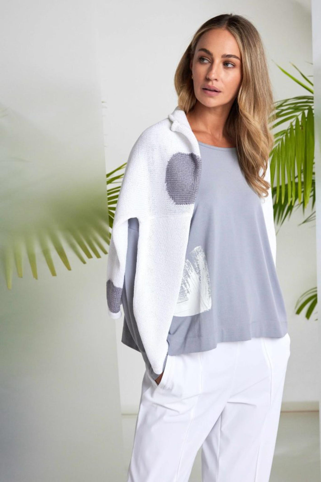 Model wearing Naya NAS26143 Dove Grey White Print Top soft grey tone by Naya Shop Naya at Dotique