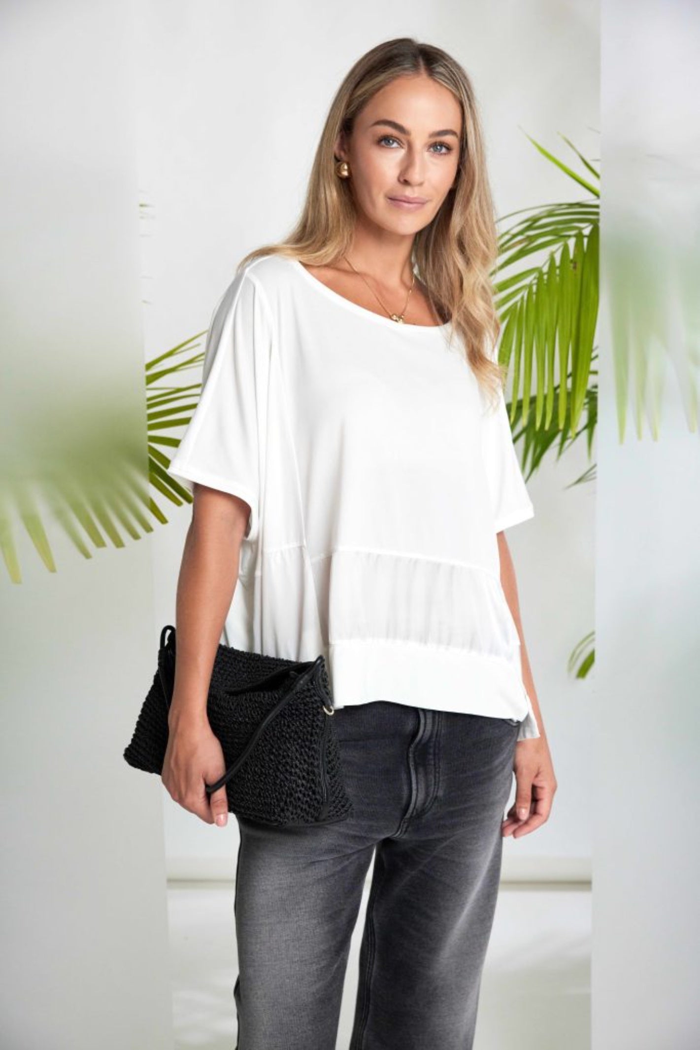 Model wearing Naya NAS26169 Cream Square Shape Top by Naya, relaxed flowy fit, shop Naya styles at Dotique for modern softness
