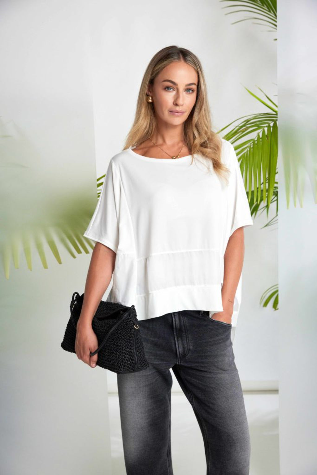 Model wearing Naya NAS26169 Cream Square Shape Top by Naya, relaxed floaty fit, shop Naya styles at Dotique for modern softness