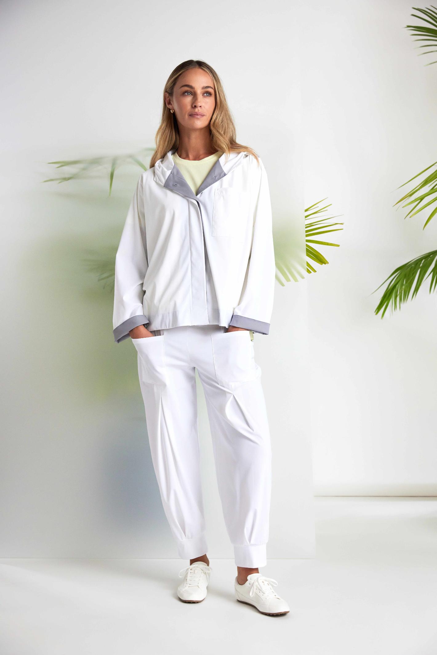 Model wearing Naya NAS26180 Hooded Contrast Back Jacket with Patch Pocket in White & Grey by Naya shop Naya at Dotique