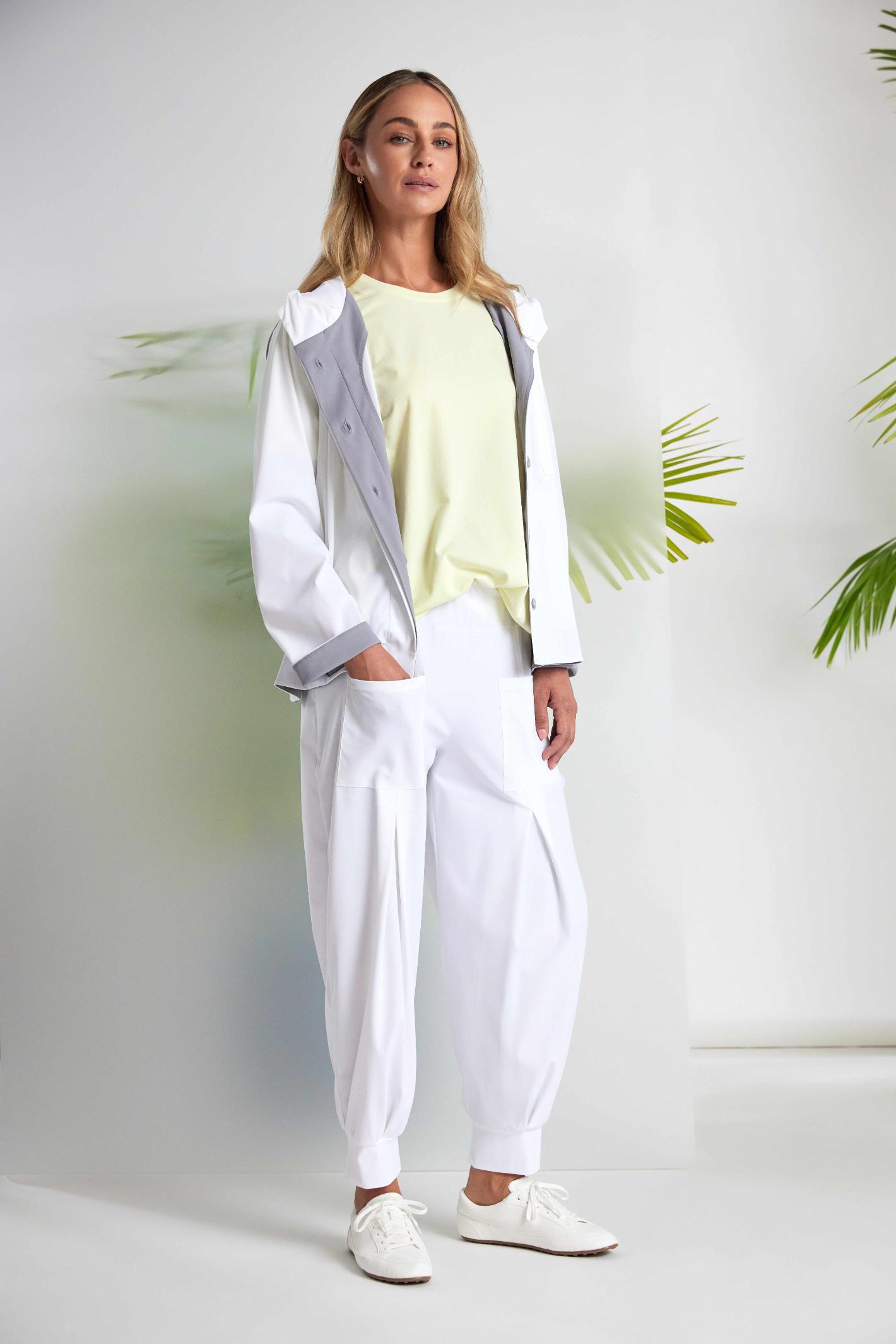 Woman wearing Naya NAS26180 Hooded Contrast Back Jacket with Patch Pocket in White & Grey by Naya shop Naya at Dotique