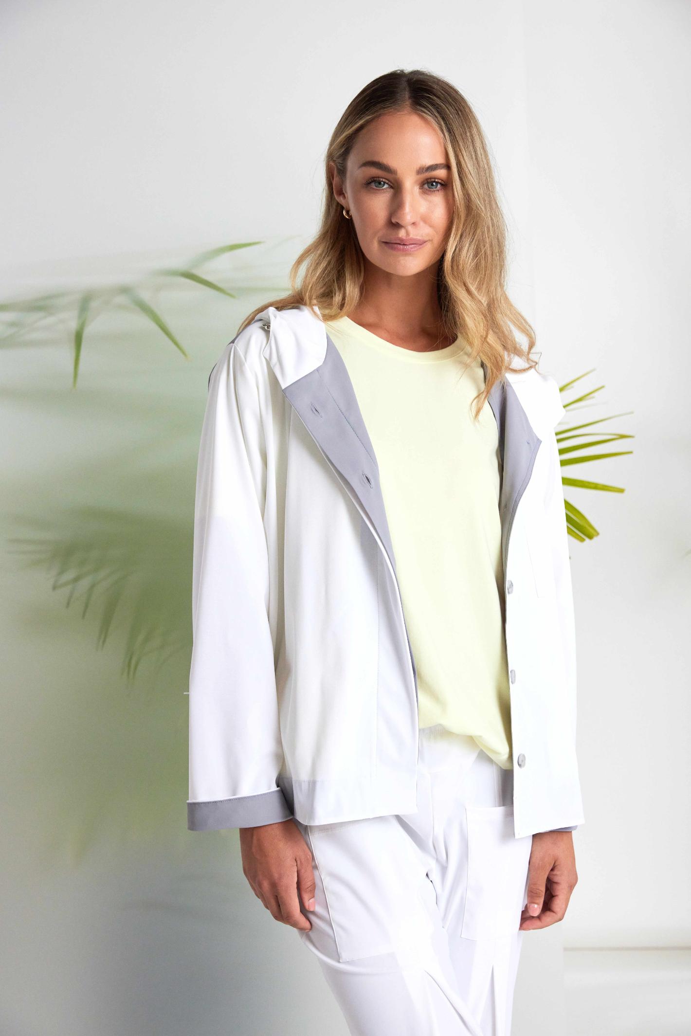 Model wearing Naya NAS26180 Hooded Contrast Back Jacket with Patch Pocket in White & Grey by Naya Shop Naya at Dotique