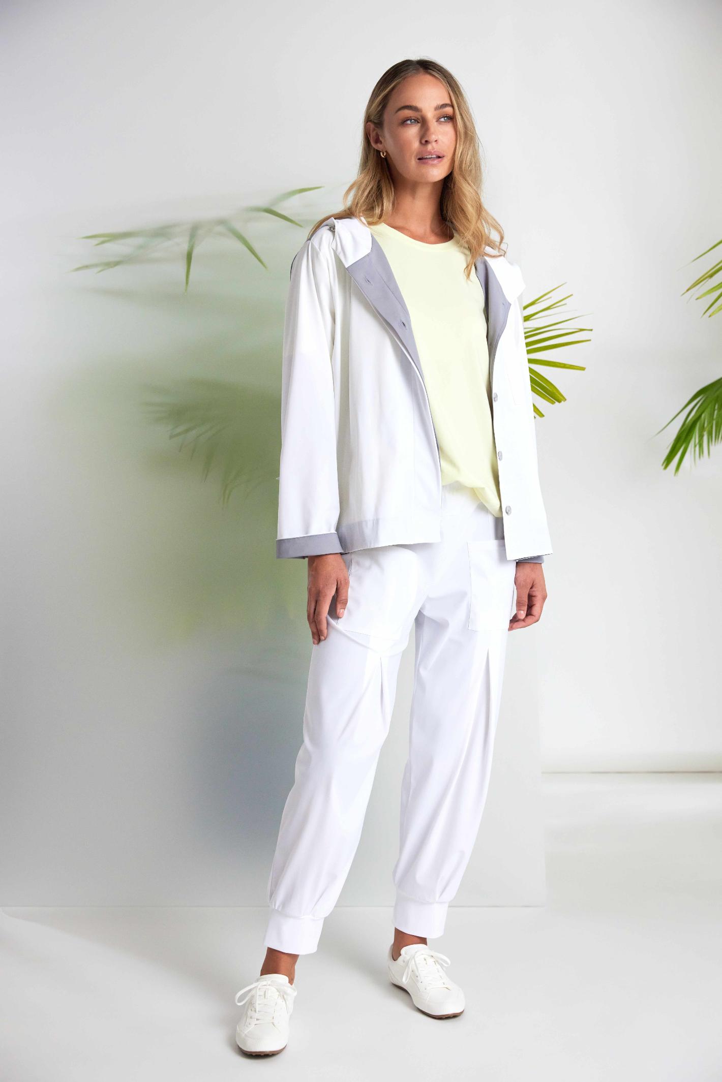 Woman wearing Naya NAS26180 Hooded Contrast Back Jacket with Patch Pocket in White & Grey by Naya shop Naya at Dotique