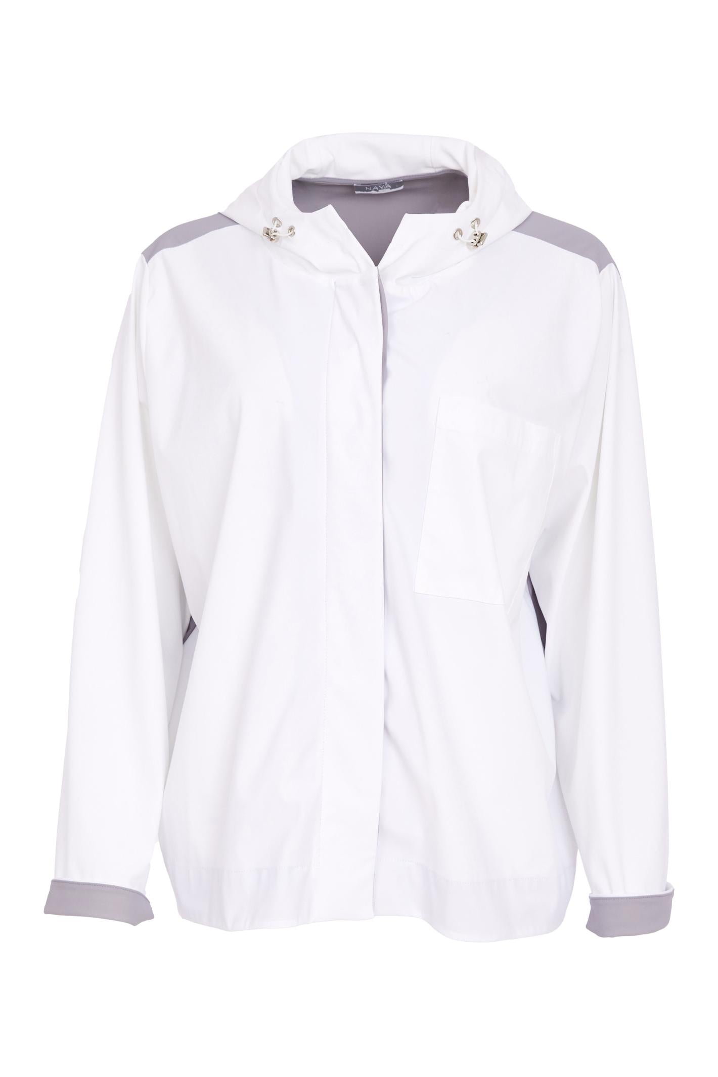 Front view of Naya NAS26180 Hooded Contrast Back Jacket with Patch Pocket in White & Grey by Naya shop Naya at Dotique