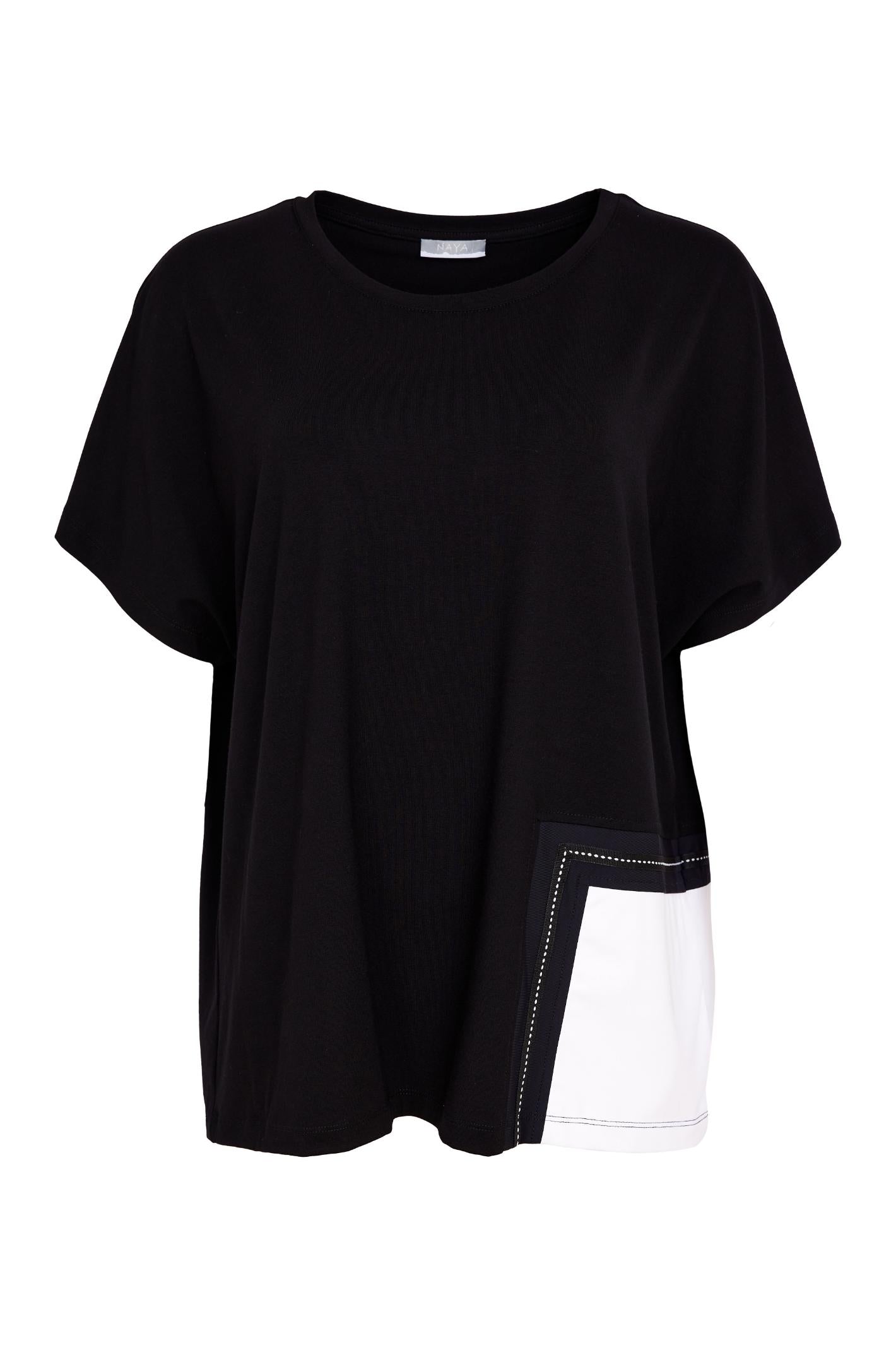 Black loose-fit Naya NAS26188 Round Neck Top with Contrast Pocket in Black & White by Naya, shop Naya at Dotique