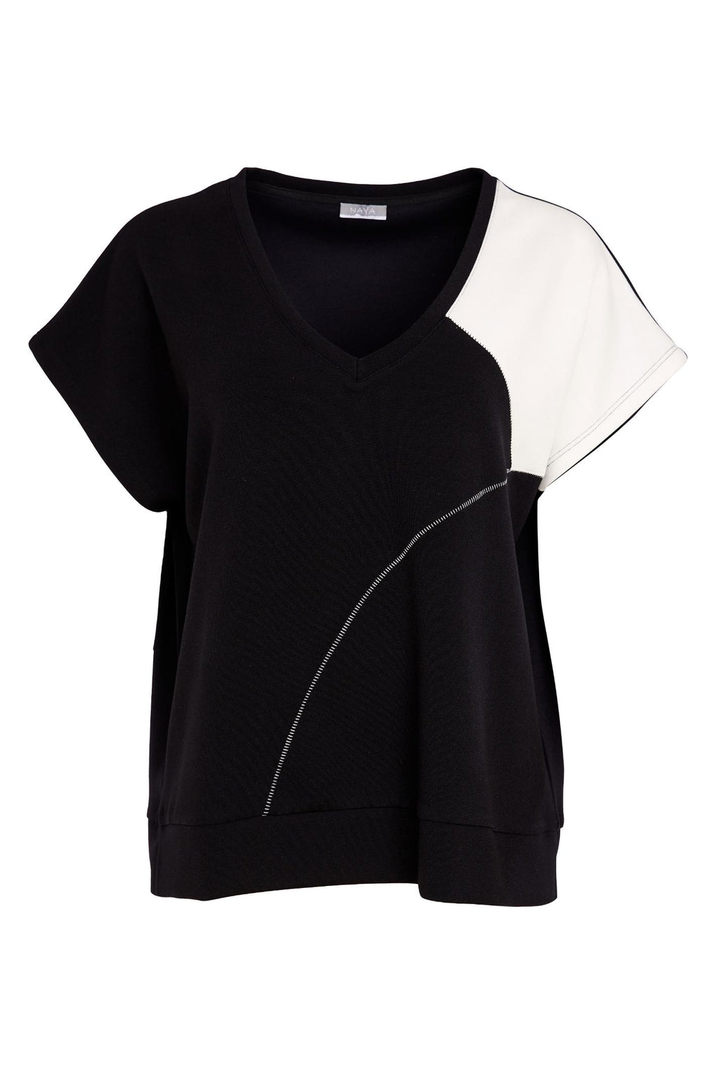 Naya NAS26192 Black Off White V-Neck Top with contrast shoulder panel by Naya shop Dotique