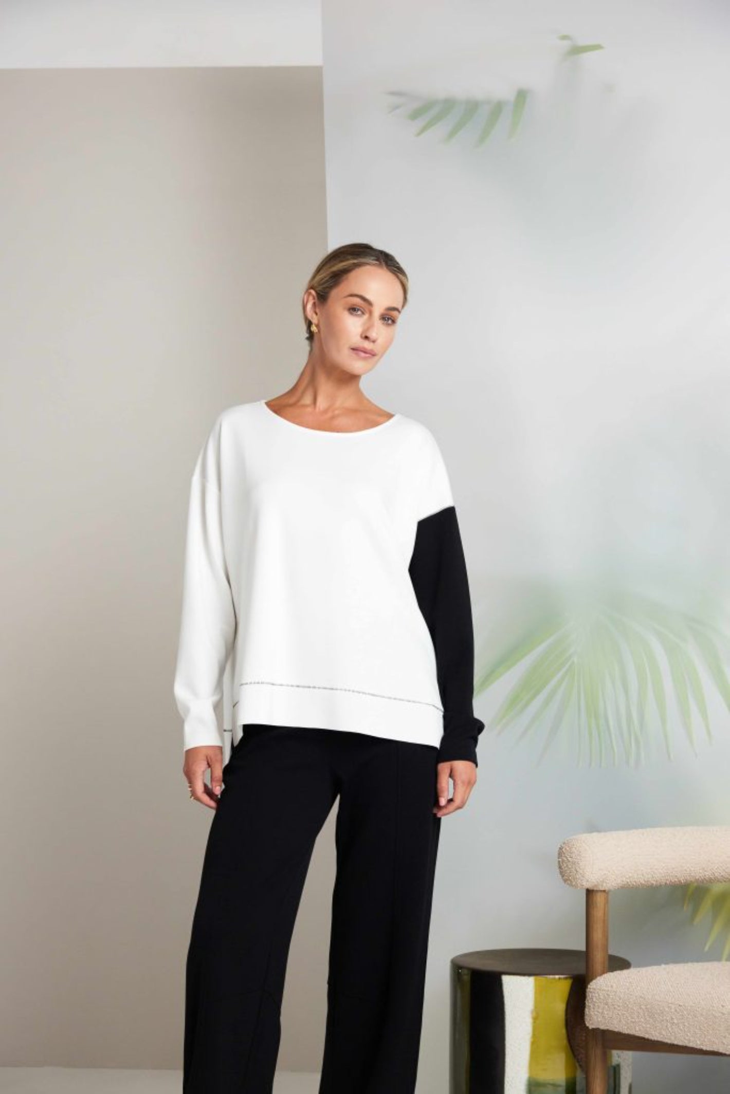 Naya NAS26228 Colour Block Sleeve Sweatshirt Cream & Black by Naya, shop stylish looks at Dotique online.