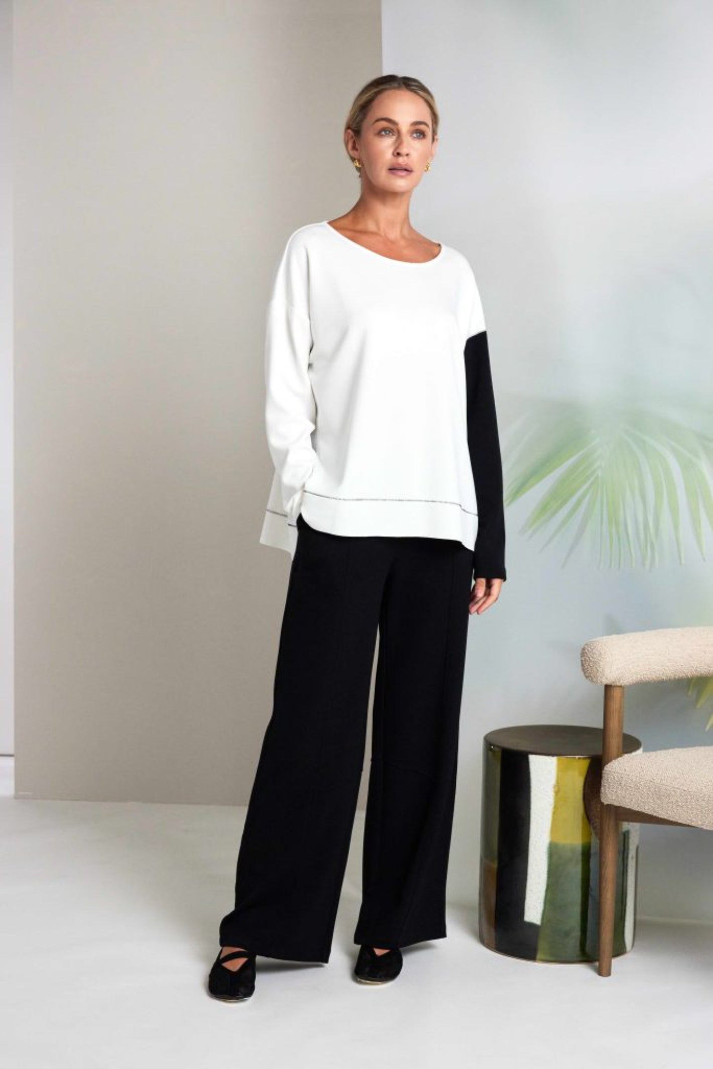 Naya NAS26228 Colour Block Sleeve Sweatshirt Cream & Black by Naya modeled on woman shop Naya at Dotique