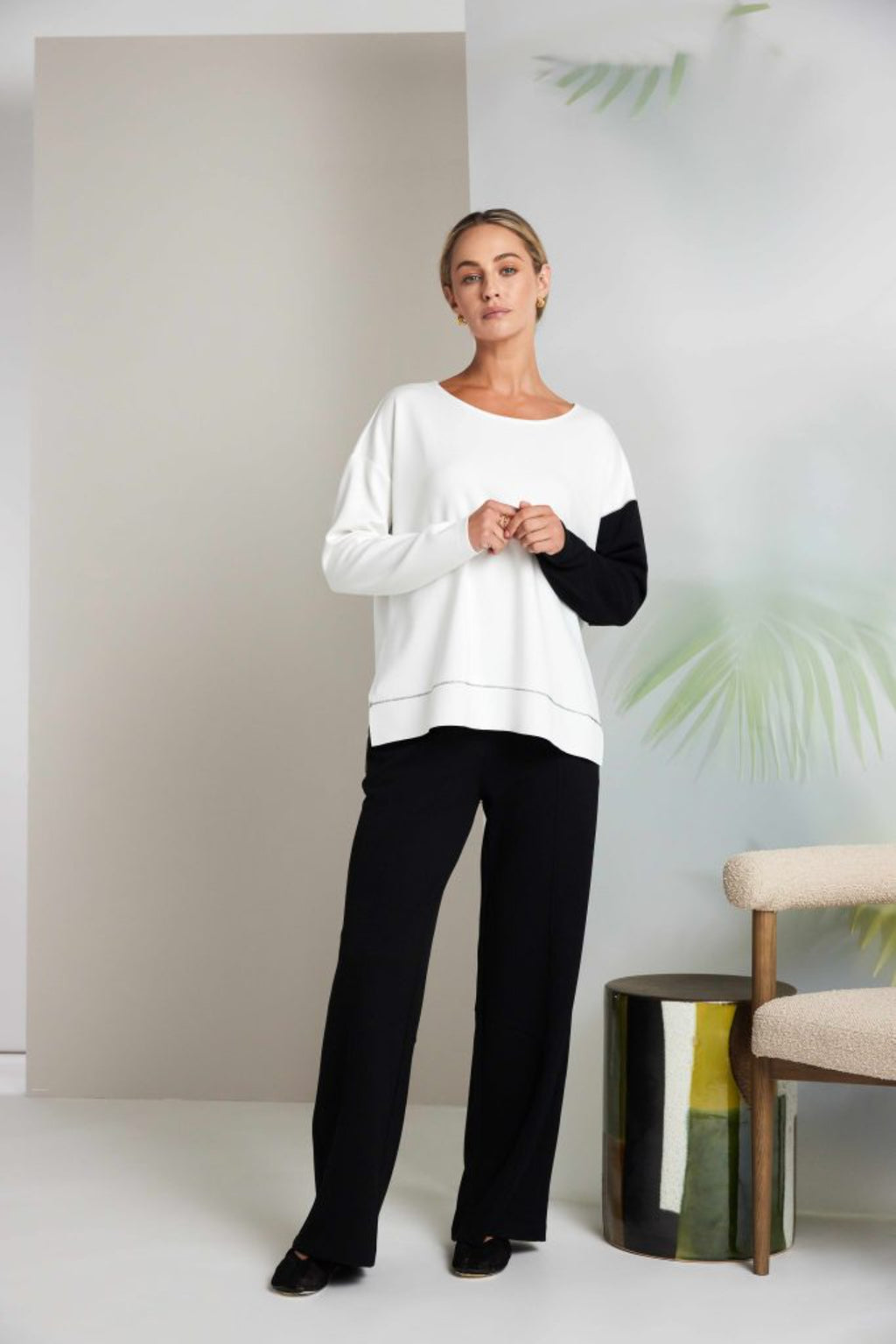 Model wears Naya NAS26228 Colour Block Sleeve Sweatshirt Cream & Black by Naya Shop Naya at Dotique online