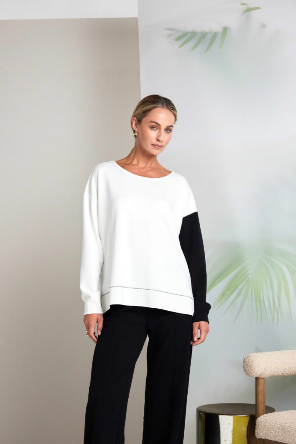 Naya NAS26228 Colour Block Sleeve Sweatshirt Cream Black by Naya worn by model Shop Naya at Dotique online store