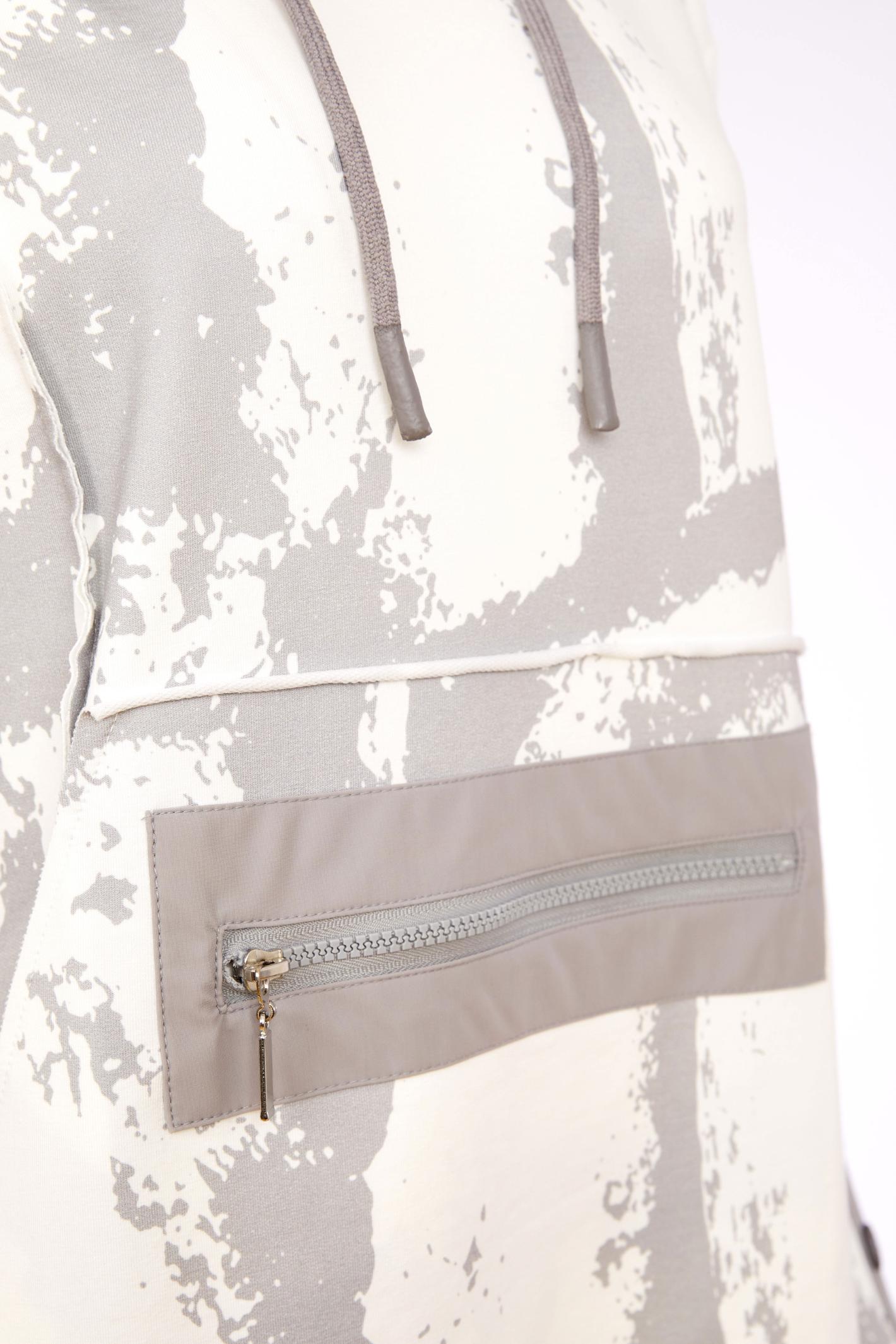 Naya NAS26247 Off White Taupe Graphic Print Hooded Top close-up with zipper detail by Naya Shop Naya at Dotique