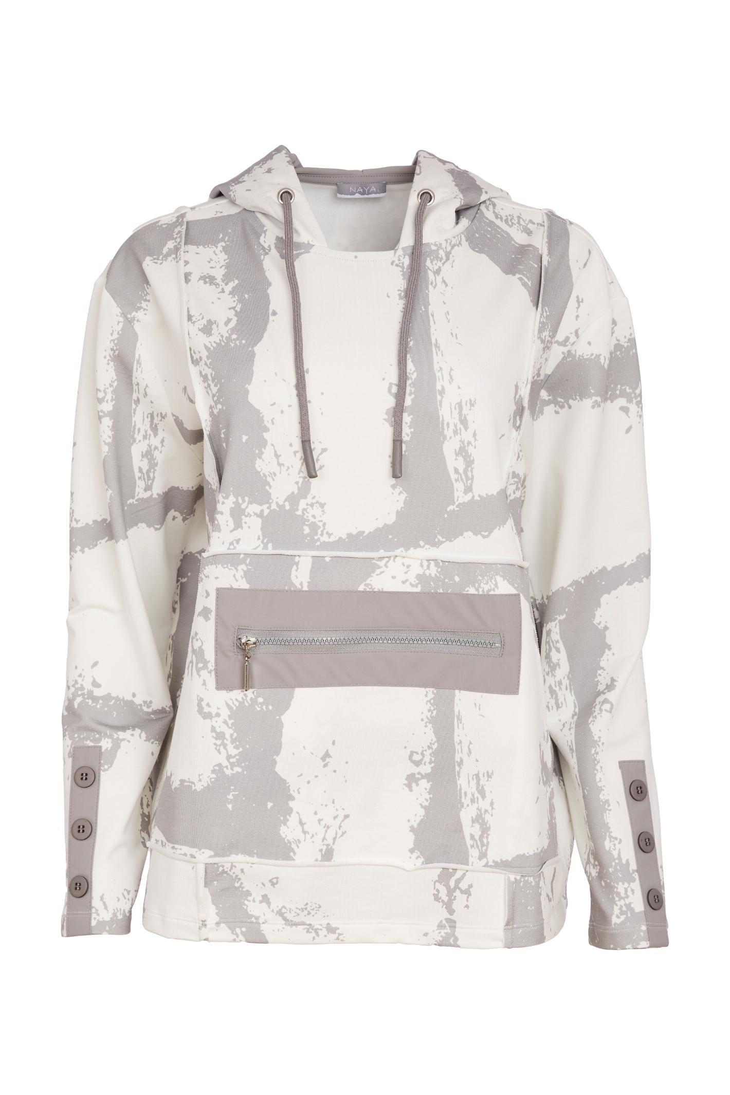 Naya NAS26247 Off White Taupe Graphic Print Hooded Top by Naya available to shop at Dotique with a front zipper pocket and button detail.