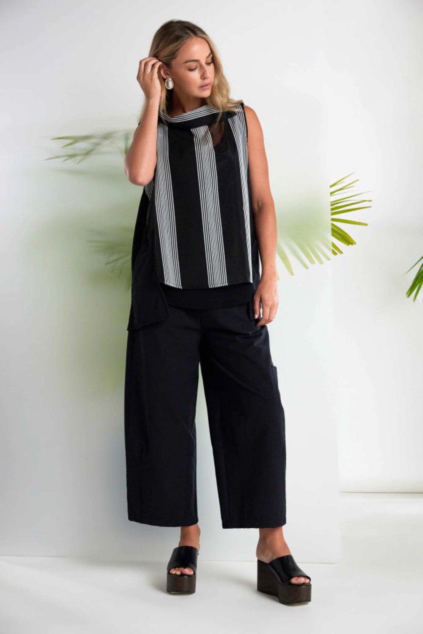 Naya NAS26257 Stripe Longline Top with Wrap Collar by Naya modeled, shop Naya at Dotique for chic styles
