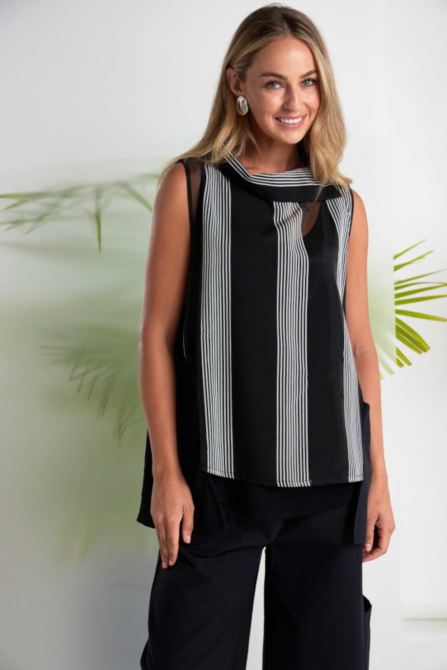 Model wearing Naya NAS26257 Stripe Longline Top with Wrap Collar by Naya, shop Naya at Dotique for stylish stripe tops