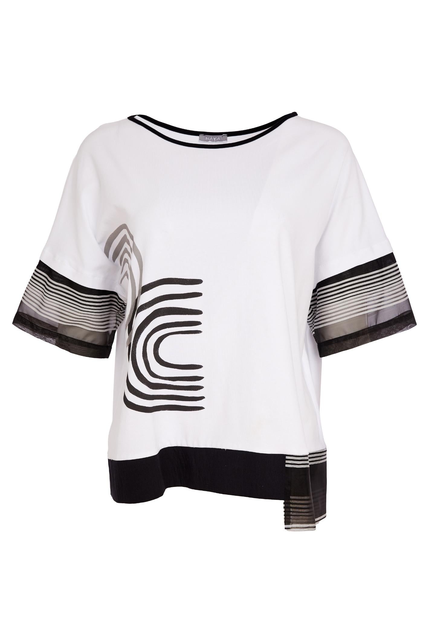 Naya NAS26259 White Black Print Top by Naya featuring abstract print and pinstripe details shop Naya at Dotique